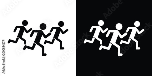 Silhouette icon set of a group of people running. Isolated on black and white backgrounds. Represents athletics, team sports, marathons, cardio training, and group exercise activities for modern desig