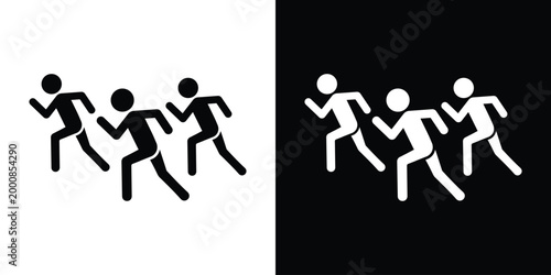 Silhouette icon set of a group of people running. Isolated on black and white backgrounds. Represents athletics, team sports, marathons, cardio training, and group exercise activities for modern desig