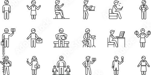 People Activity Line Icon Set with Office Work, Healthcare, Education, Shopping, and Daily Lifestyle Characters for Apps, Websites, and Minimal Vector Design Projects