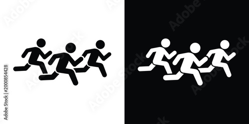 Silhouette icon set of a group of people running. Isolated on black and white backgrounds. Represents athletics, team sports, marathons, cardio training, and group exercise activities for modern desig