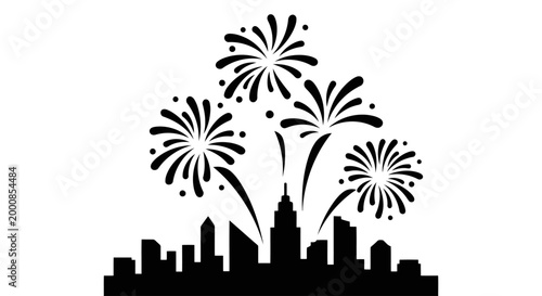 Fireworks exploding over a city skyline at night