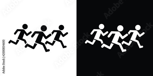 Silhouette icon set of a group of people running. Isolated on black and white backgrounds. Represents athletics, team sports, marathons, cardio training, and group exercise activities for modern desig