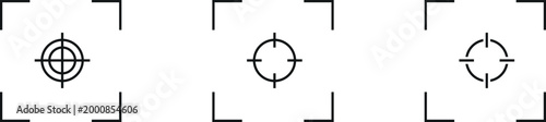 Three distinct vector outline target focus cross hair sight icons with minimalist camera viewfinder frames