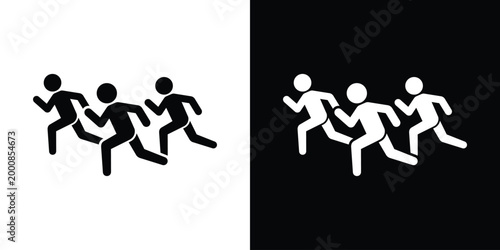 Silhouette icon set of a group of people running. Isolated on black and white backgrounds. Represents athletics, team sports, marathons, cardio training, and group exercise activities for modern desig