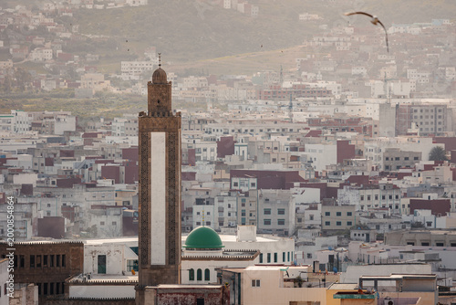 Cuadro en lienzo Tetouan cityscape with a prominent minaret and green domed mosque, showing dense