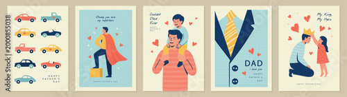 Collection of touching Father's Day greeting card templates in cozy flat style with grainy texture, featuring warm family moments and cute characters. Ideal for holiday greetings, print