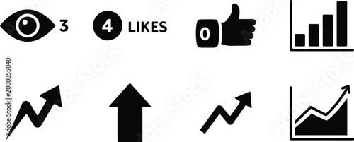 Social media analytics icons views likes growth and data visualization elements
