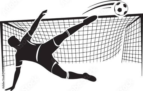 Goalkeeper diving to save soccer ball in net