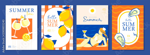 Set of summer Italian posters or covers with cocktails, woman on the beach, oysters and frame. Vector illustration