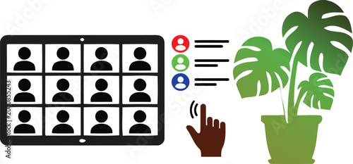 Virtual meeting webinar screen and tropical houseplant vector illustration.