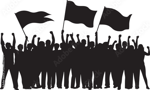 Crowd holding black protest flags outdoors