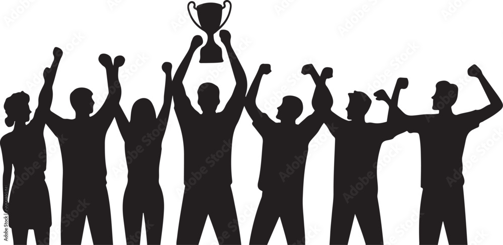 Fototapeta premium Team celebrating victory with trophy silhouette
