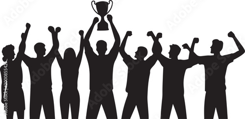 Team celebrating victory with trophy silhouette
