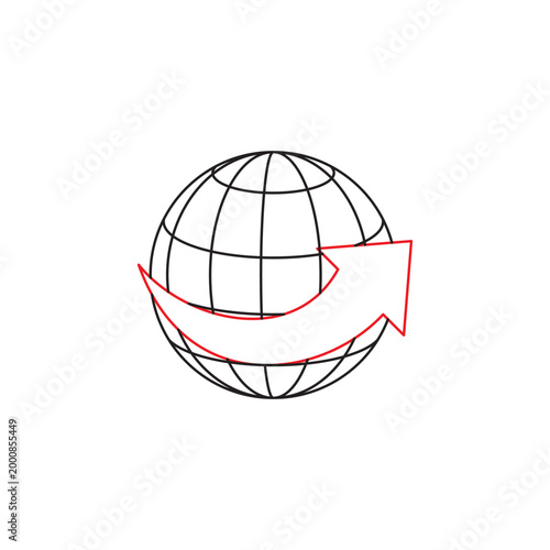 Globe wireframe with red arrow circling it vector illustration for global travel, international shipping, worldwide connections, and logistics business.
