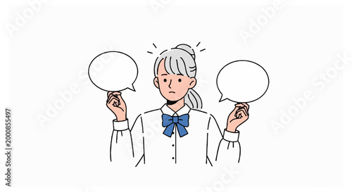 A flat illustration of a young female student with grey hair holding two blank speech bubbles while standing on a plain white background.