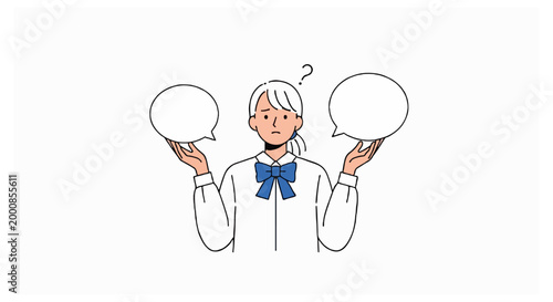 A flat illustration of a confused student balancing two empty speech bubbles on her open hands against a plain white background.