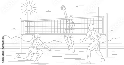 Athletic individuals playing a competitive game of beach volleyball under the bright sun while displaying teamwork and dynamic movement on the sandy court during summer