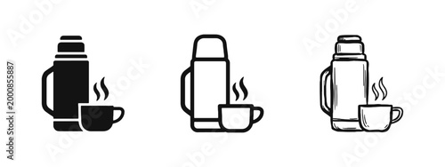 Thermos flask and cup of hot drink icon set in solid, outline, and hand-drawn doodle styles