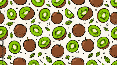 Seamless Kiwi Fruit Pattern with Sliced and Whole Kiwis for Summer Tropical Decor