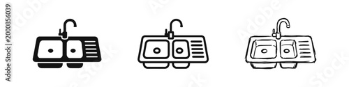 Kitchen sink with faucet icons in various styles including solid, thin line, and sketch