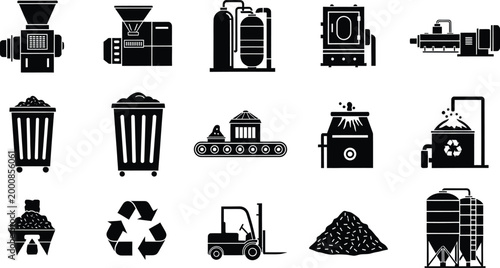 Set of black recycling and industrial machinery icons for waste management and manufacturing