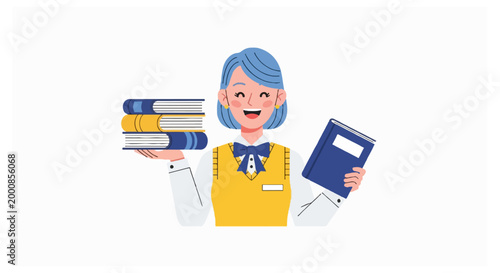 A smiling female character with blue hair wearing a school uniform holds a stack of blue and yellow books on a white background.