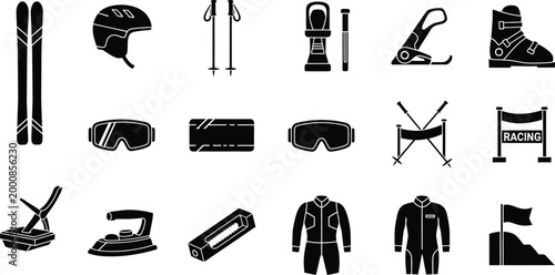 Set of black icons for winter sports skiing equipment and professional racing gear accessories