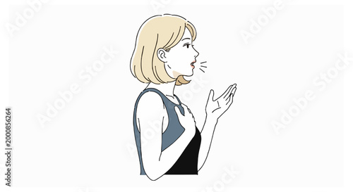 A profile illustration of a blonde woman in a grey tank top gesturing with her hands while speaking against a plain white background.