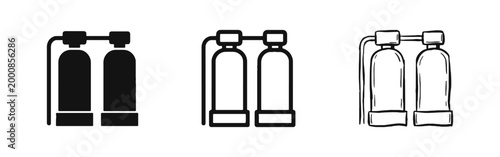 Scuba diving oxygen tanks icon set in flat, line art, and hand-drawn styles