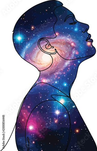 A striking artistic representation of a human head and shoulders silhouette filled with a vibrant cosmic galaxy, symbolizing inner universe, thought, and profound spiritual connection.