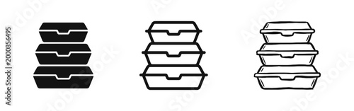 Takeaway food container icons set featuring stacked boxes in solid, outline, and doodle styles