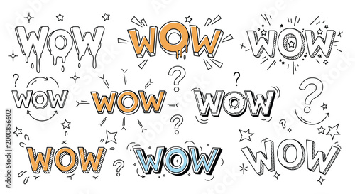 Collection of wow comic style text in various fonts and colors surrounded by stars bubbles and question marks for expressive design.
