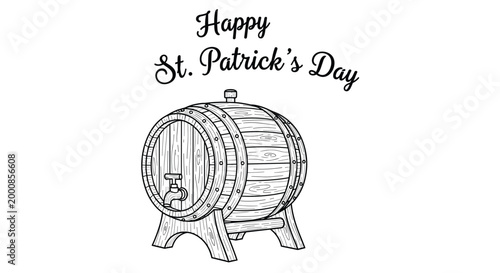 Traditional wooden beer barrel illustration with happy st patricks day message perfect for brewery promotions or festive celebrations.