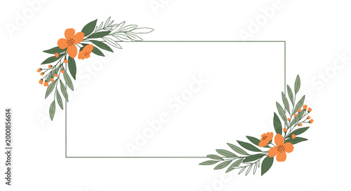 Minimalist rectangular frame adorned with delicate orange flowers and green leaves in two corners for elegant invitations or cards.