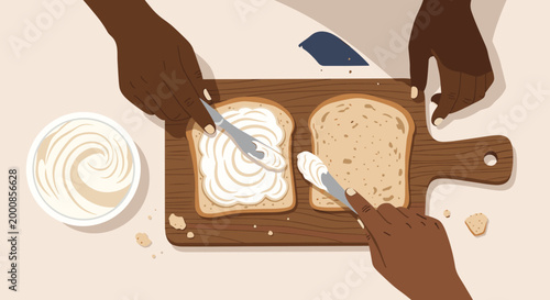 Overhead view of hands spreading thick white cream or butter on fresh slices of bread placed on a wooden cutting board in a kitchen.