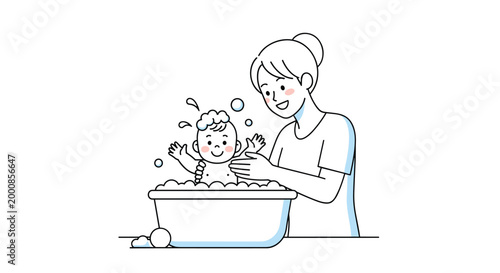 Heartwarming illustration of a mother gently bathing her happy baby in a small tub filled with white soap bubbles and water splashes.