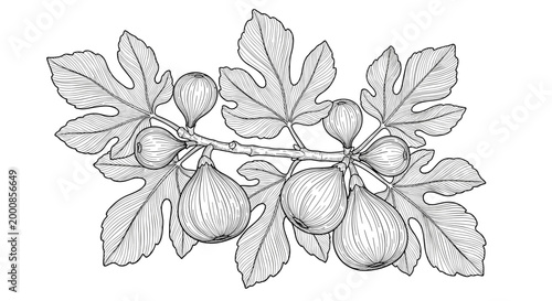 Detailed botanical illustration of a fig branch with large lobed leaves and several ripe fruits in a vintage woodcut or etched style.