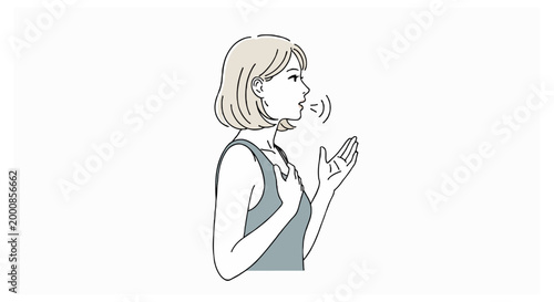 A profile illustration of a blonde woman in a grey tank top gesturing with her hands while speaking against a plain white background.