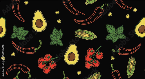 Vibrant seamless pattern of mexican food ingredients including chili peppers avocado corn tomatoes and cilantro on a black background.