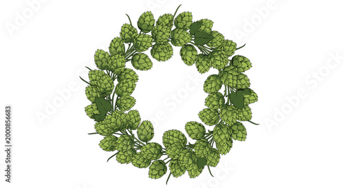 Circular wreath made of green hop cones and leaves arranged in a round frame for brewery branding or harvest festival decorations.