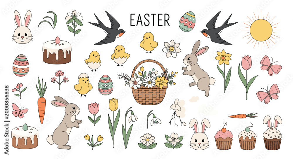 Obraz premium Comprehensive set of colorful Easter-themed illustrations featuring bunnies, chicks, decorated eggs, spring flowers, and treats.