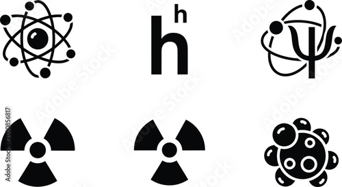 Atomic structures and radioactive symbols a collection of scientific icons in black and white