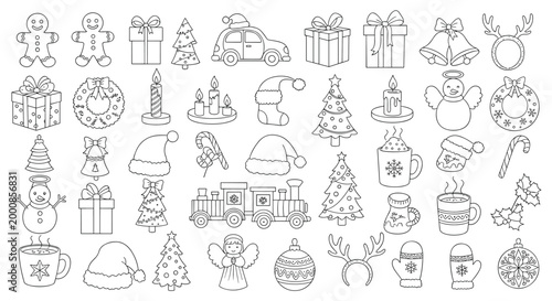 Massive set of hand-drawn Christmas line art icons featuring gingerbread men, trees, bells, candles, and winter clothing items.
