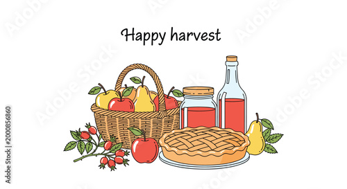 Warm autumn harvest still life featuring a basket of apples and pears, a lattice fruit pie, jam jars, and juice on white.