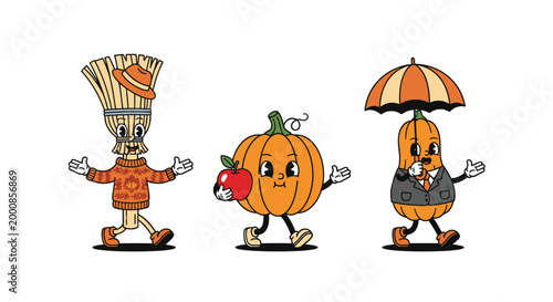 Set of retro-style cartoon characters including a broom, a pumpkin, and a squash dressed in cozy autumn clothing items.