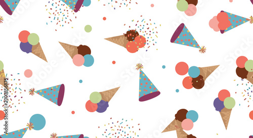 Festive and colorful seamless pattern with ice cream cones, party hats, and vibrant confetti dots on a white background.