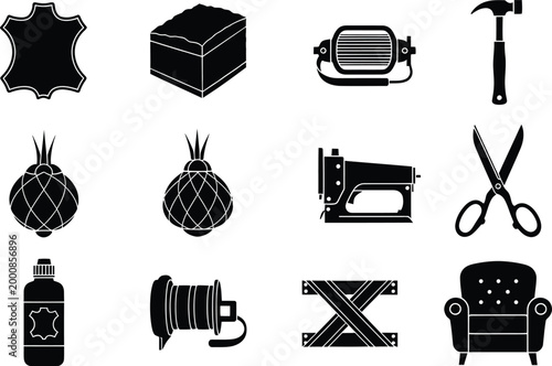 Set of black icons for leather craft tools and furniture making equipment vector design
