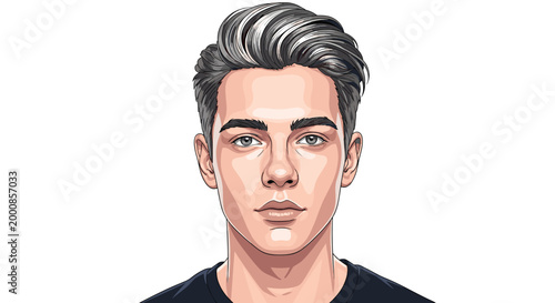 Stylized portrait of a young man with stylish gray hair and brown eyes looking directly forward isolated on a white background.
