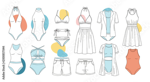 Fashion illustration set of various women's swimwear and summer clothes including bikinis one-piece suits shorts and light dresses.