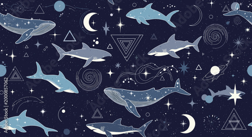 Whimsical seamless pattern featuring sharks and whales swimming through space among stars moons planets and geometric shapes on a dark blue background.